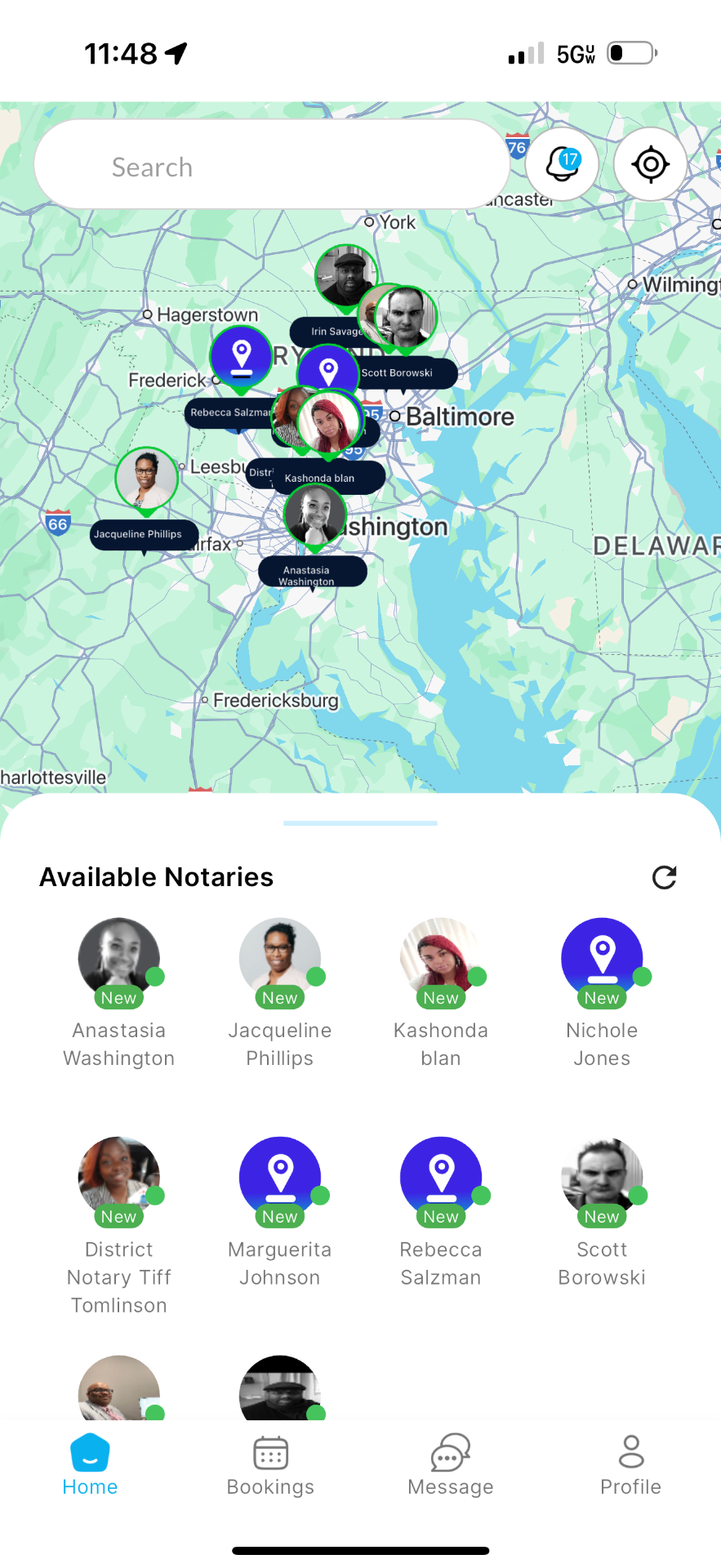 NotaryPing app showing notaries in Baltimore/Maryland area