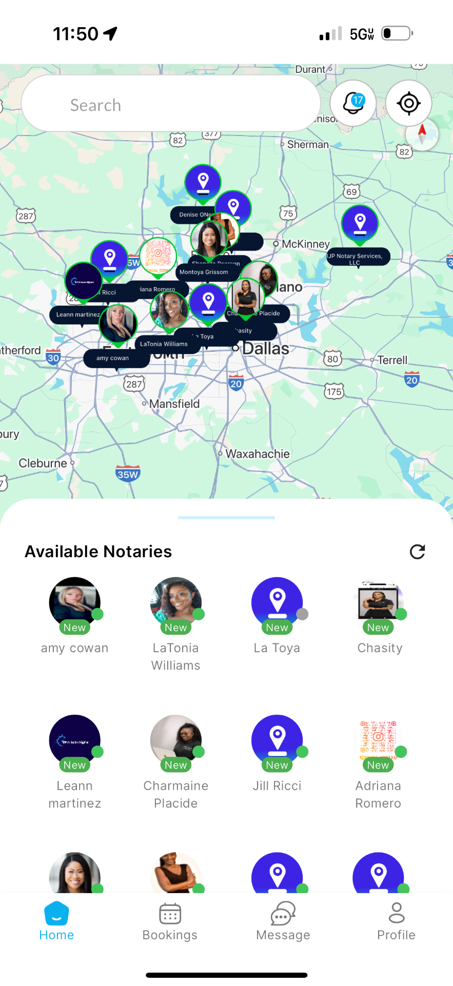 NotaryPing app showing notaries in Dallas area